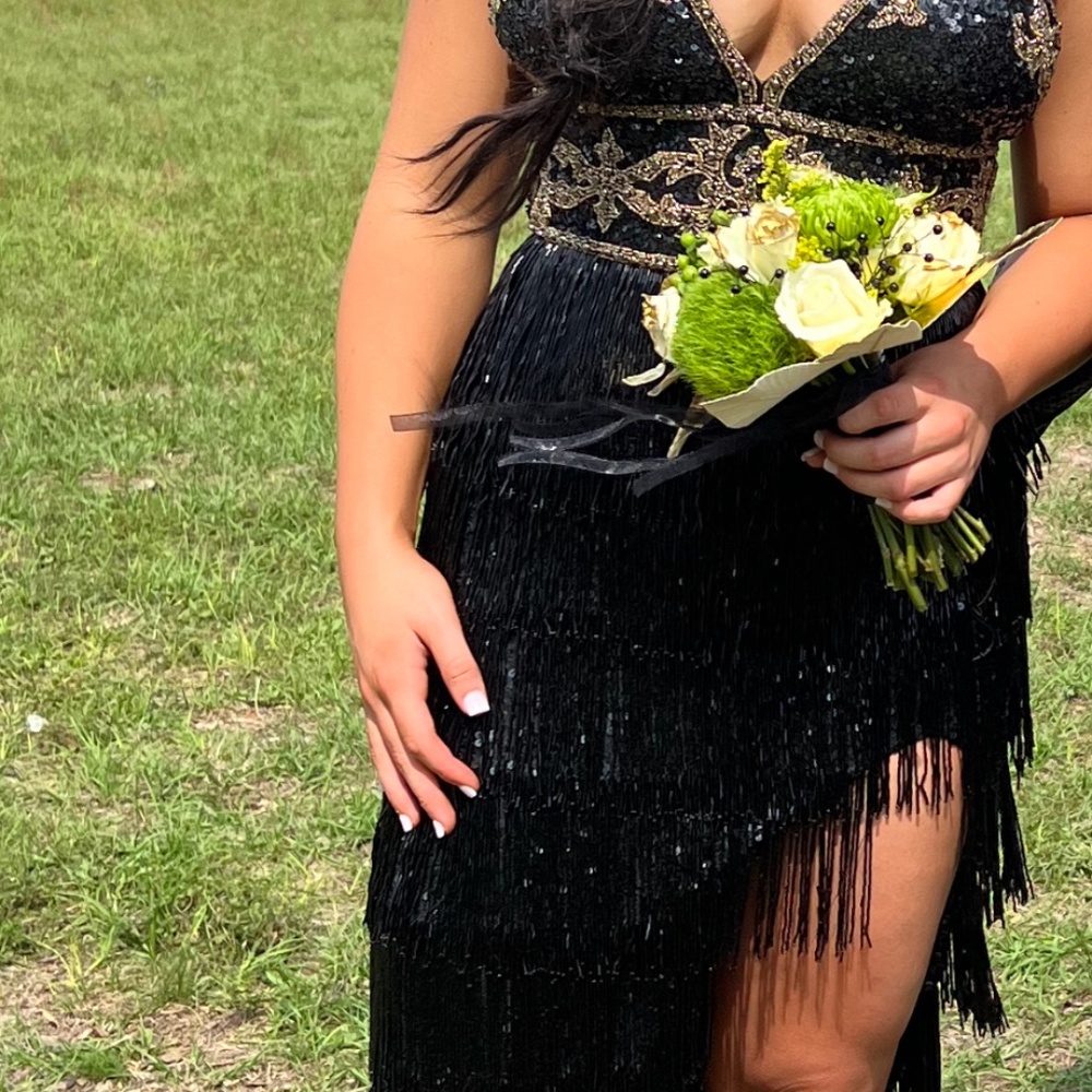Sherri Hill Black Beaded Fringe Prom Homecoming Dress